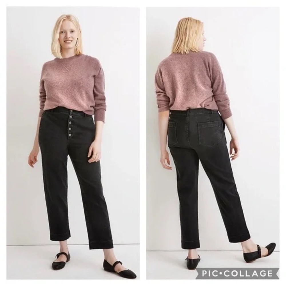 Madewell Straight Leg Jeans in washed black, button front detail, style AA575